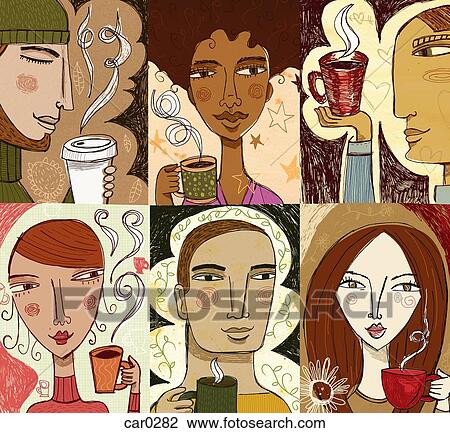 Collage of six people enjoying coffee View Large Illustration Drawing - Collage of six people enjoying coffee. Fotosearch