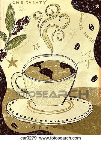 Stock Illustration - Steaming hot coffee with a globe in it. Fotosearch