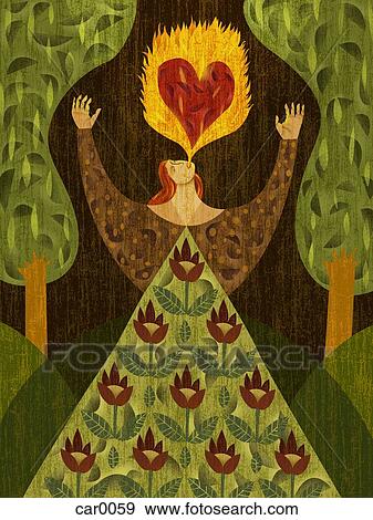 A woman in a forest, breathing fire with heart-shape in it View Large Illustration Stock Illustration - A woman in a forest, breathing fire with heart-shape in it. Fotosearch