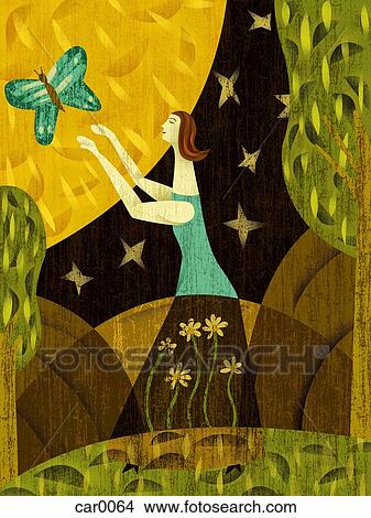 Stock Illustration - A woman releasing a butterfly near the sun. Fotosearch
