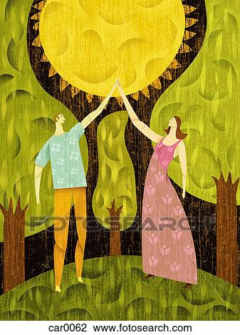 Couple in a forest, touching the sun View Large Illustration Drawing - Couple in a forest, touching the sun. Fotosearch
