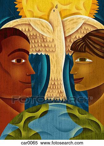 Stock Illustration - Profiles of a man and woman looking at each other, with a dove and sun between them. Fotosearch