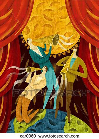 Clipart - Three musicians playing horn instruments on stage. Fotosearch