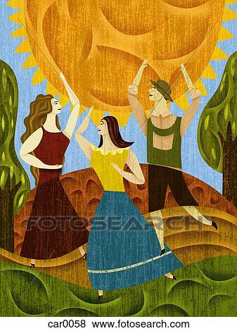 Stock Illustration - Three people dancing near the sun. Fotosearch
