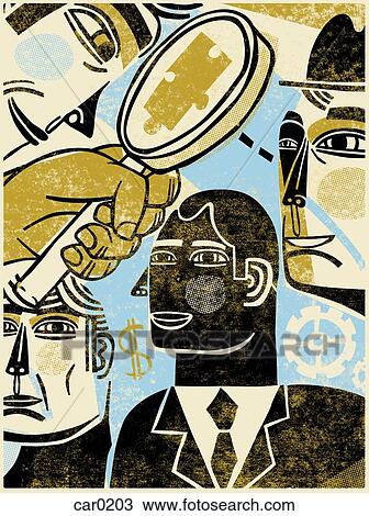 A man using a magnifying glass to look at a puzzle piece View Large Illustration Drawing - A man using a magnifying glass to look at a puzzle piece. Fotosearch
