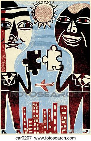 Two businessmen joining puzzle pieces together, as they stand over buildings View Large Illustration Stock Illustration - Two businessmen joining puzzle pieces together, as they stand over buildings. Fotosearch