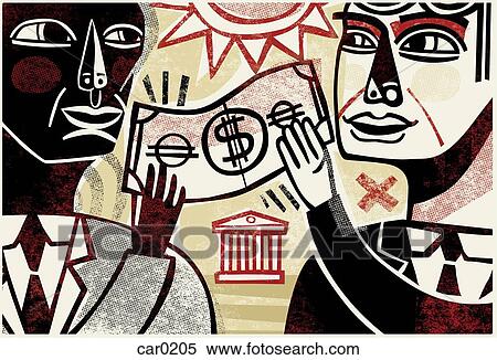 Stock Illustration - Two men holding a dollar bill, with a bank behind them. Fotosearch