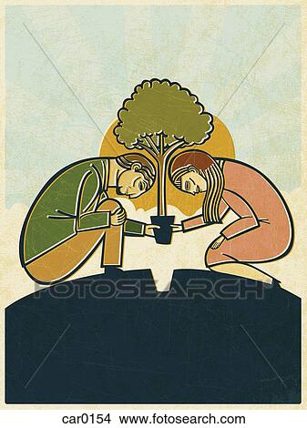 Stock Illustration - A couple planting a small tree together. Fotosearch