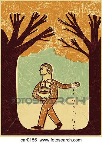 Stock Illustration - A man planting seeds near two trees. Fotosearch