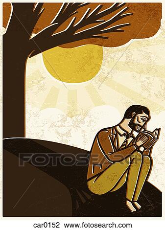 A man reading a book, with a tree nearby Drawing | car0152 | Fotosearch