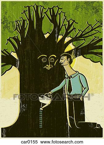 Stock Illustration - A man watering a tree with a face on the trunk. Fotosearch