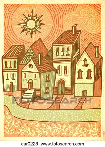 A group of five houses on a sunny day View Large Illustration Stock Illustration - A group of five houses on a sunny day. Fotosearch