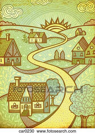 Clipart - A group of houses with a middle lane leading to the sun. Fotosearch