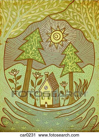Clip Art - A house in the middle of a forest. Fotosearch