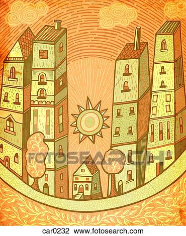Drawing - A house in the middle of four apartment high-rise towers. Fotosearch