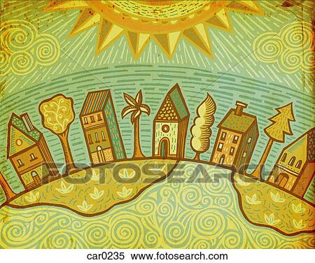 Stock Illustration - A row of houses with trees in between. Fotosearch