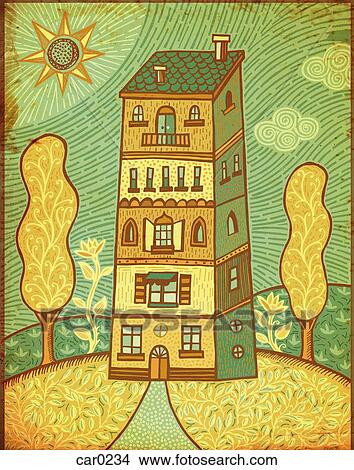 Stock Illustration - An apartment building in between two trees. Fotosearch