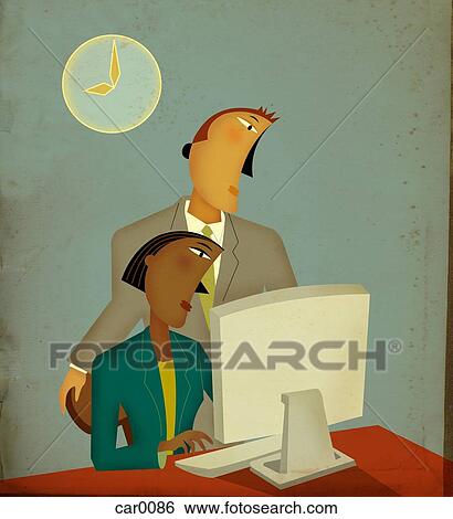 Stock Illustration - A businessman standing behind a seated woman, both looking at computer screen. Fotosearch