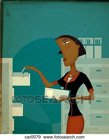 A woman filing documents into a cabinet, side view View Large Illustration Stock Illustration - A woman filing documents into a cabinet, side view. Fotosearch