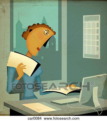 Stock Illustration - A woman working at her office desk, in front of computer. Fotosearch