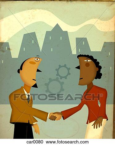 Clipart - Business people shaking hands underneath gears. Fotosearch