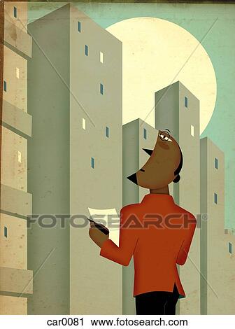 Businessman holding a paper and looking up at high-rise buildings View Large Illustration Clip Art - Businessman holding a paper and looking up at high-rise buildings. Fotosearch