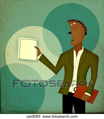 Drawing - Businessman holding a paper in one hand, and a clipboard in the other. Fotosearch