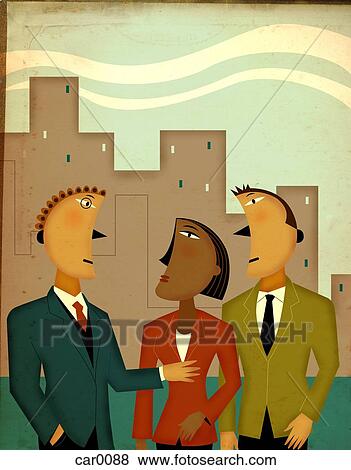 Stock Illustration - Three business people talking in front of office buildings. Fotosearch