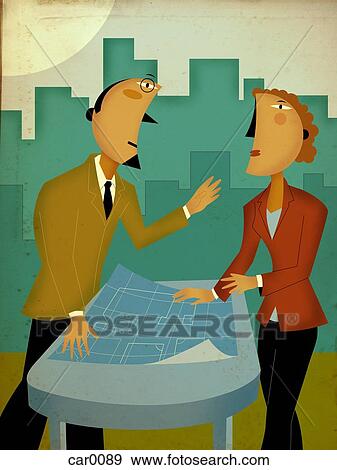 Stock Illustration - Two business people with a blueprint, having a discussion. Fotosearch