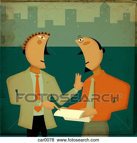 Two businessmen discussing documents View Large Illustration Stock Illustration - Two businessmen discussing documents. Fotosearch