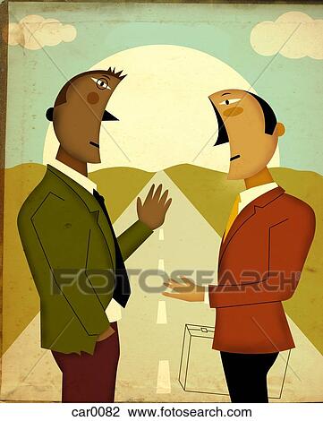 Drawing - Two businessmen talking while standing in the middle of a road. Fotosearch
