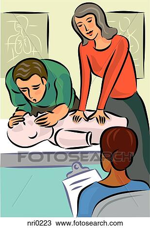 A man and woman demonstrating CPR on a dummy in front of a first aid instructor View Large Illustration Drawing - A man and woman demonstrating CPR on a dummy in front of a first aid instructor. Fotosearch