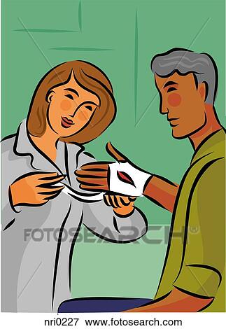 Doctor bandaging a patients hand wound with gauze View Large Illustration Stock Illustration - Doctor bandaging a patients hand wound with gauze. Fotosearch