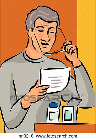 Stock Illustration - Elderly man reading his medication information fact sheet. Fotosearch