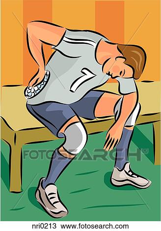 Sportsman putting ice pack on back injury View Large Illustration Drawing - Sportsman putting ice pack on back injury. Fotosearch