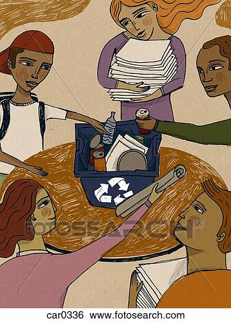 A group of young people putting items into a recycling box View Large Illustration Stock Illustration - A group of young people putting items into a recycling box. Fotosearch