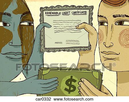 Drawing - A man and a personified earth holding dollar bills and a renewable credit certificate. Fotosearch