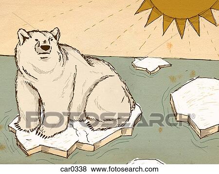 Stock Illustration - A polar bear floating on melting ice as the sun shines down. Fotosearch