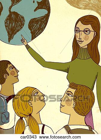 Drawing - A teacher talking to her students and pointing at the earth. Fotosearch