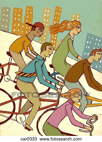 Drawing - Five people riding their bikes in the city. Fotosearch