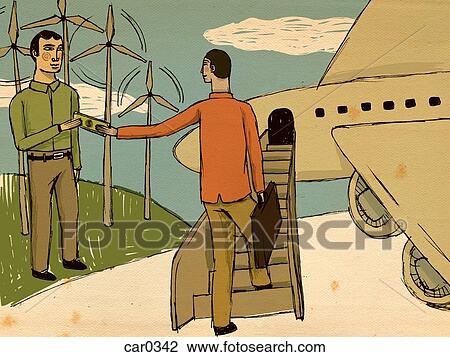 Drawing - Two men holding a banknote while one boards a plane. Fotosearch