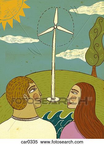 Stock Illustration - Two people looking at a wind turbine on a sunny day. Fotosearch