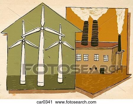 Wind turbines and smoke stacks View Large Illustration Clip Art - Wind turbines and smoke stacks. Fotosearch