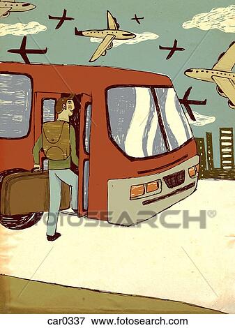 Stock Illustration - Young man with luggage getting on a bus. Fotosearch