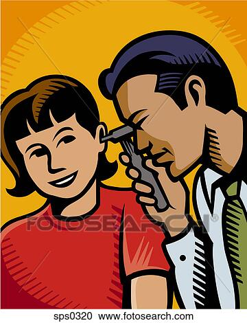 A doctor looking into a patient's ear with an ear scope View Large Illustration Clipart - A doctor looking into a patient's ear with an ear scope. Fotosearch