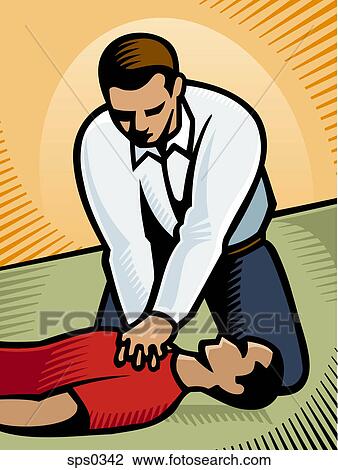 Drawing - A man performing CPR on a victim. Fotosearch