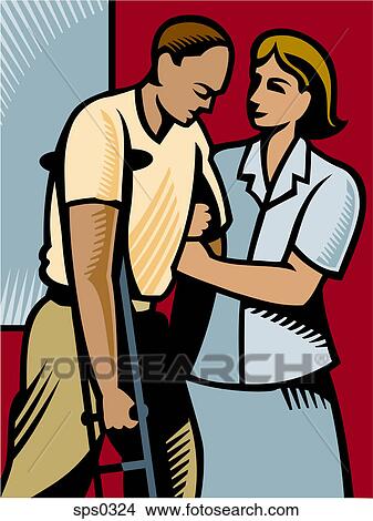 A nurse assisting a man on crutches View Large Illustration Stock Illustration - A nurse assisting a man on crutches. Fotosearch
