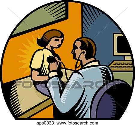 Drawing - A pediatrician performing medical checkup on a girl. Fotosearch