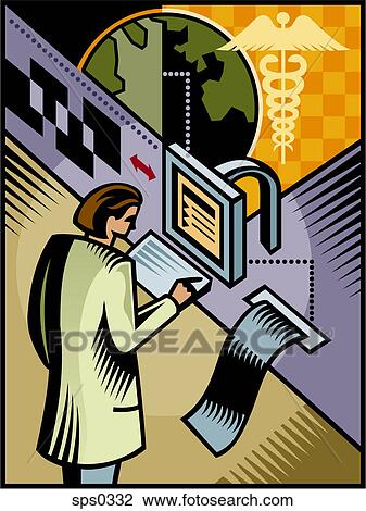 A woman printing medical information View Large Illustration Drawing - A woman printing medical information. Fotosearch