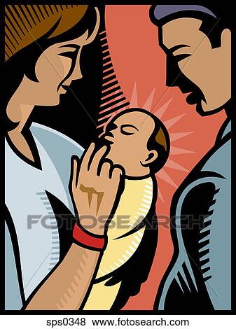 Parents admiring their newborn baby View Large Illustration Stock Illustration - Parents admiring their newborn baby. Fotosearch